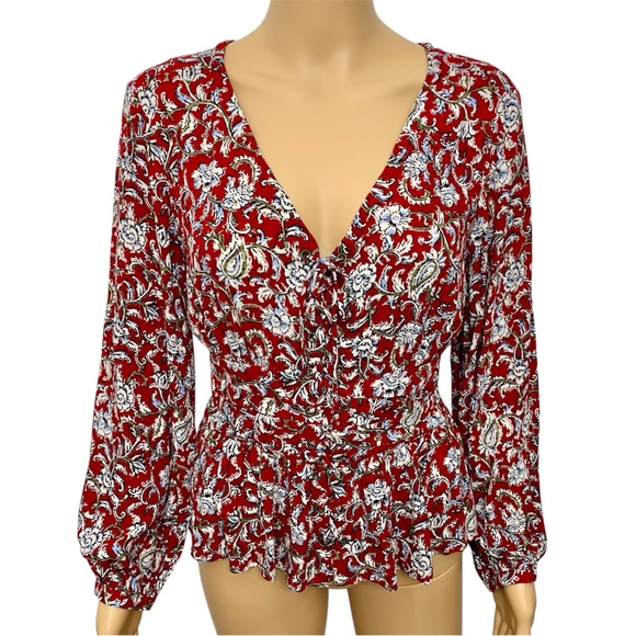 Anthropologie Feather Bone Floral Lace Up Smocked Peplum Top Blouse Sz 6 - Picture 1 of 14
